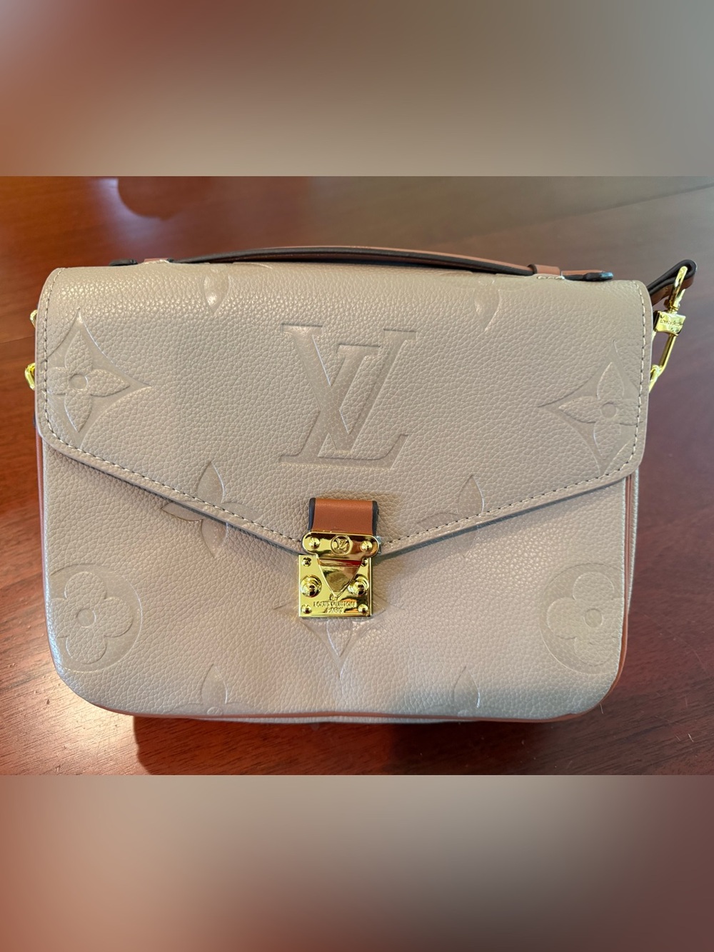 Taupe Monogram Embossed Leather Shoulder Bag with Gold-Tone Lock